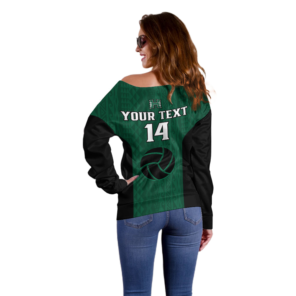 (Custom Text And Number) Hawaii Volleyball Off Shoulder Sweater Hawaiian Kakau Green Style - Wonder Print Shop