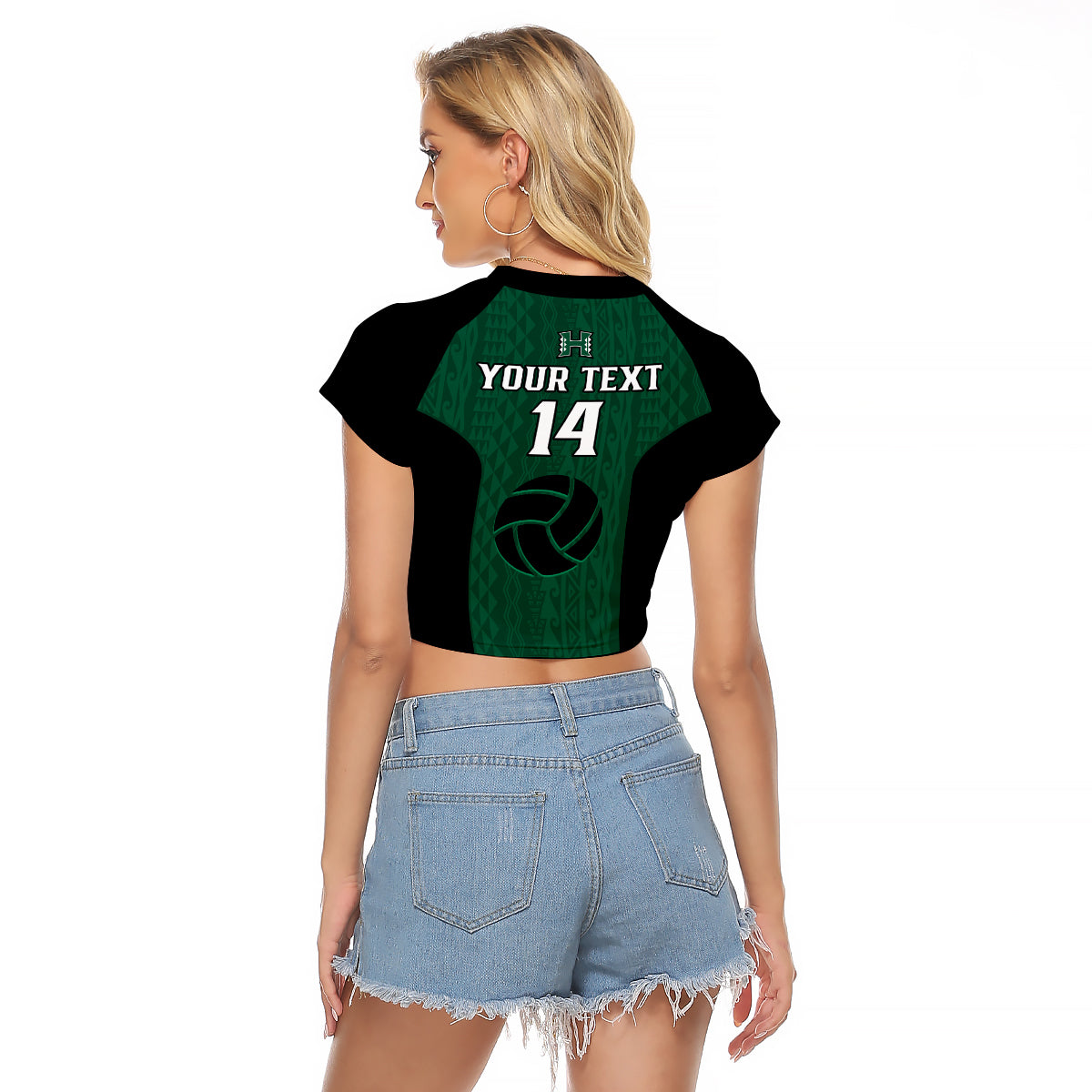 (Custom Text And Number) Hawaii Volleyball Raglan Cropped T Shirt Hawaiian Kakau Green Style - Wonder Print Shop