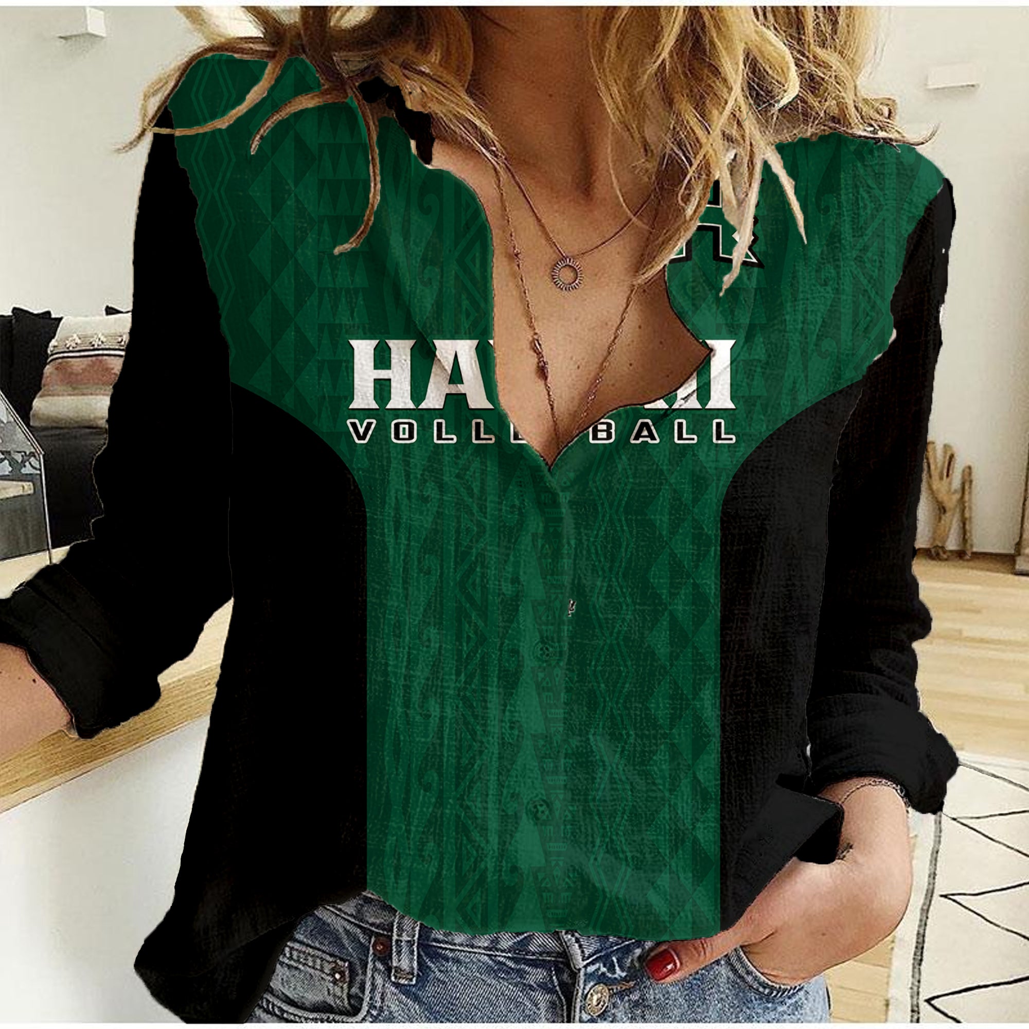 (Custom Text And Number) Hawaii Volleyball Women Casual Shirt Hawaiian Kakau Green Style - Wonder Print Shop