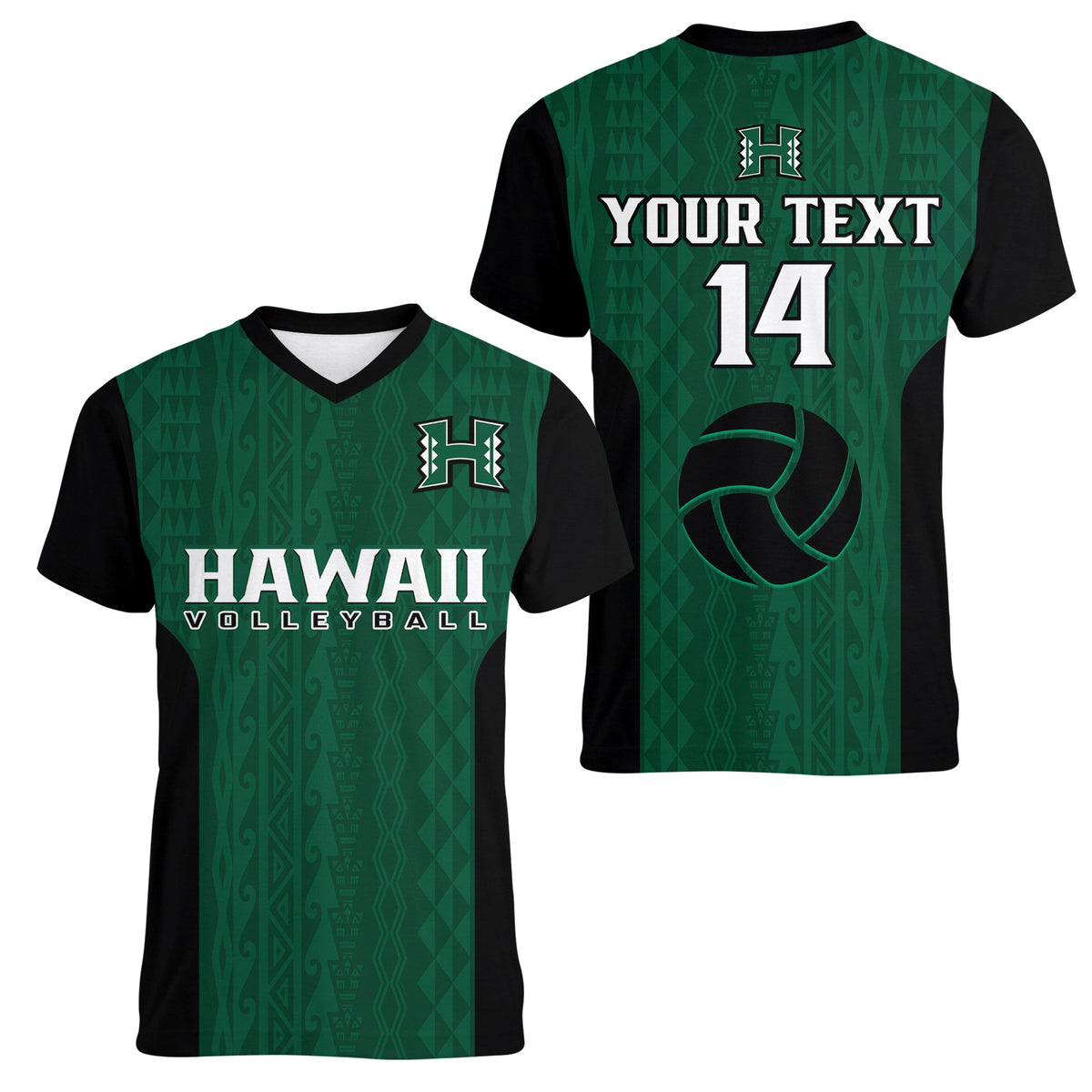 (Custom Text And Number) Hawaii Volleyball Women V Neck T Shirt Hawaiian Kakau Green Style - Wonder Print Shop