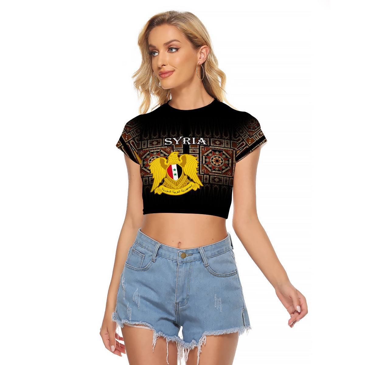 Syria Raglan Cropped T Shirt Coat Of Arms Mix Syrian Mosaic - Wonder Print Shop