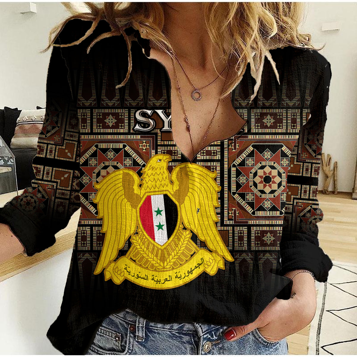 Syria Women Casual Shirt Coat Of Arms Mix Syrian Mosaic - Wonder Print Shop