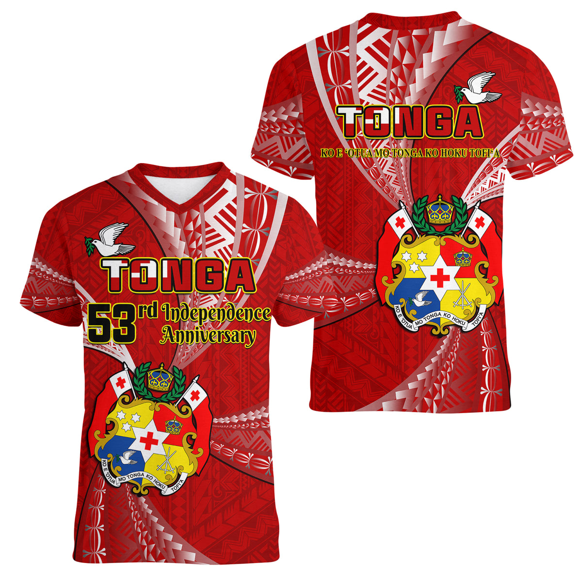 Tonga Women V Neck T Shirt Happy 53rd Independence Anniversary Tongan Pattern - Wonder Print Shop