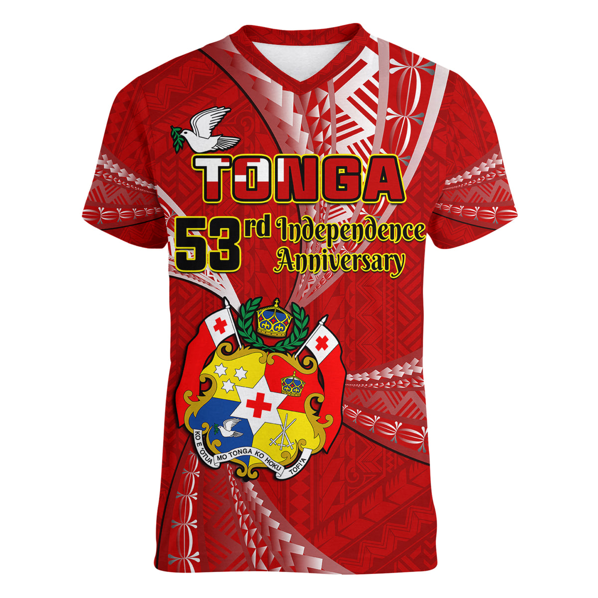 Tonga Women V Neck T Shirt Happy 53rd Independence Anniversary Tongan Pattern - Wonder Print Shop