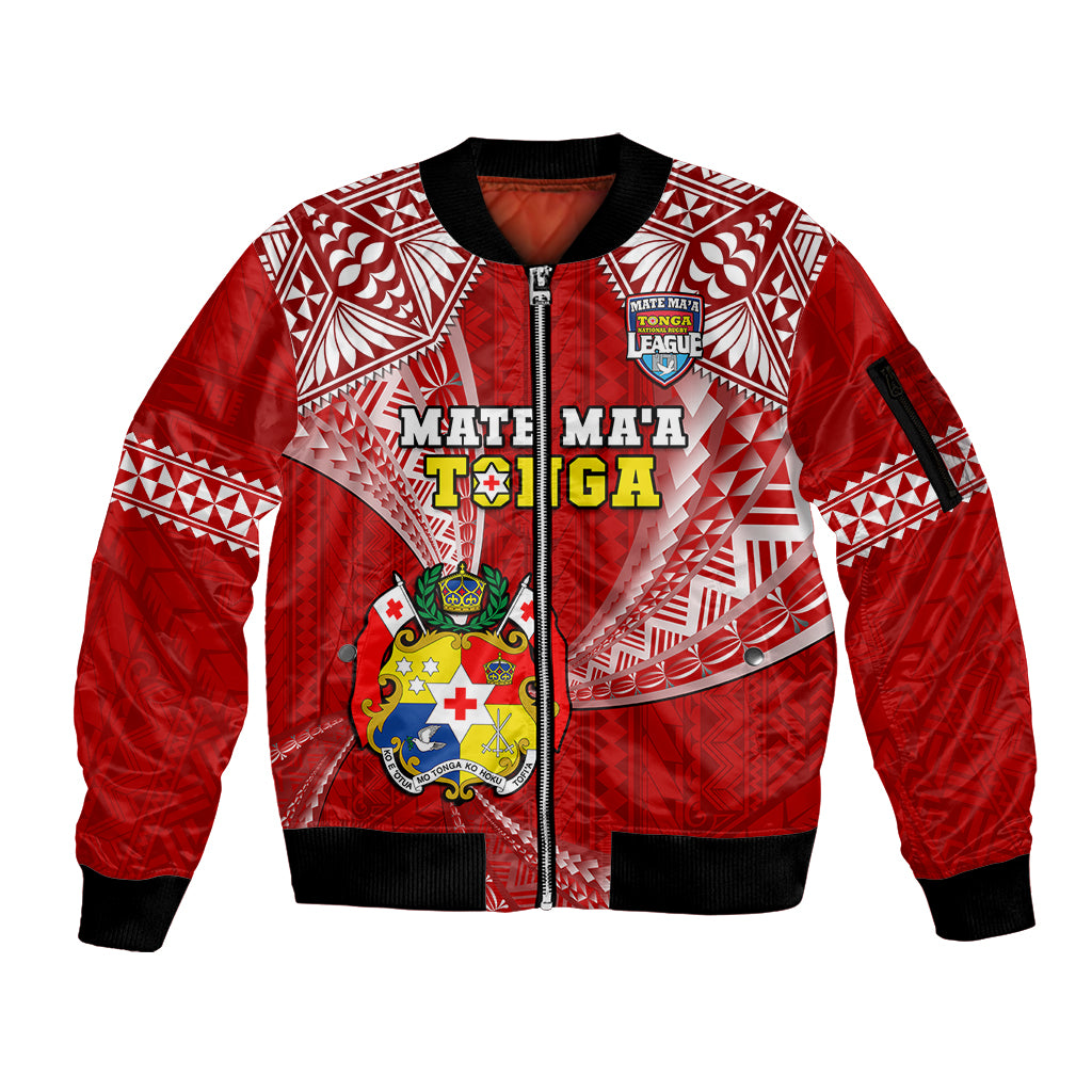 (Custom Text And Number) Tonga Rugby Sleeve Zip Bomber Jacket Mate Maa Tonga Pacific Tongan Ngatu - Wonder Print Shop