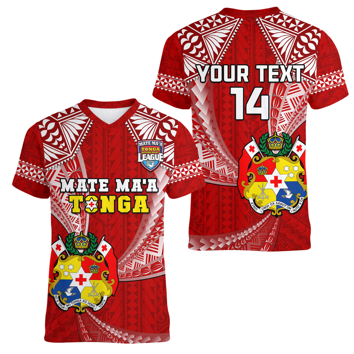 (Custom Text And Number) Tonga Rugby Women V Neck T Shirt Mate Maa Tonga Pacific Tongan Ngatu - Wonder Print Shop