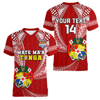 (Custom Text And Number) Tonga Rugby Women V Neck T Shirt Mate Maa Tonga Pacific Tongan Ngatu - Wonder Print Shop