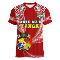 (Custom Text And Number) Tonga Rugby Women V Neck T Shirt Mate Maa Tonga Pacific Tongan Ngatu - Wonder Print Shop