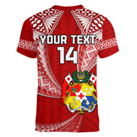 (Custom Text And Number) Tonga Rugby Women V Neck T Shirt Mate Maa Tonga Pacific Tongan Ngatu - Wonder Print Shop