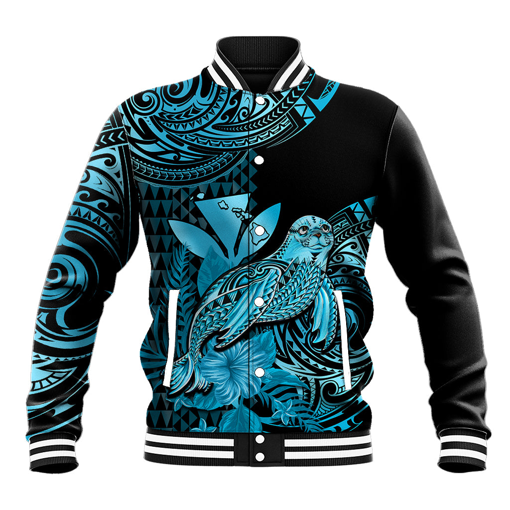 (Custom Personalised) Hawaii Monk Seal Baseball Jacket Polynesian Kakau With Kanaka Turquoise - Wonder Print Shop