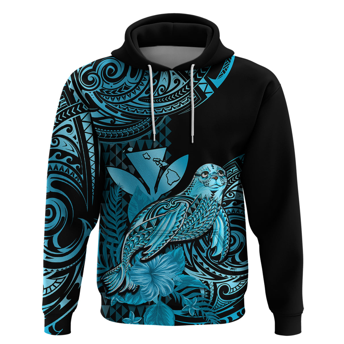 Custom Hawaii Monk Seal Hoodie Polynesian Kakau With Kanaka Turquoise - Wonder Print Shop