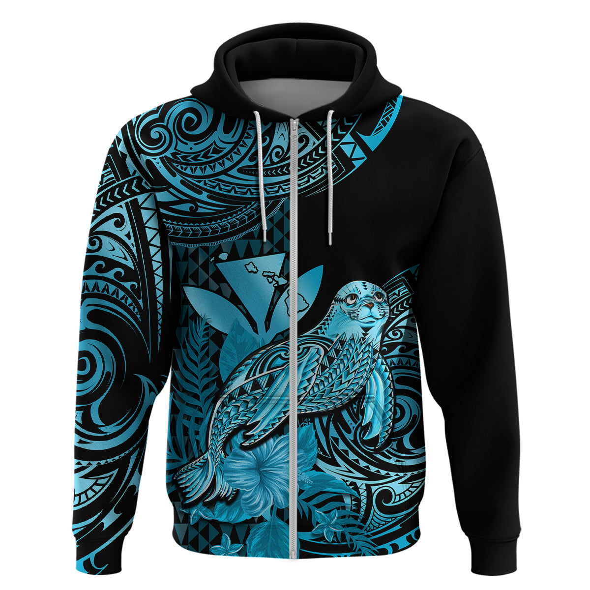 Custom Hawaii Monk Seal Hoodie Polynesian Kakau With Kanaka Turquoise - Wonder Print Shop
