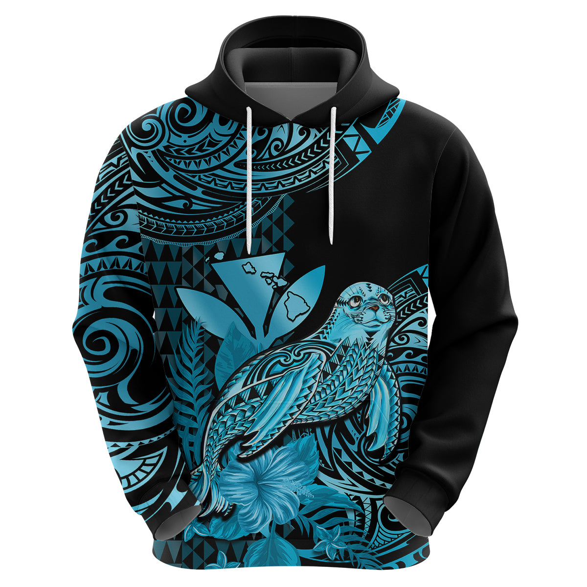 Custom Hawaii Monk Seal Hoodie Polynesian Kakau With Kanaka Turquoise - Wonder Print Shop