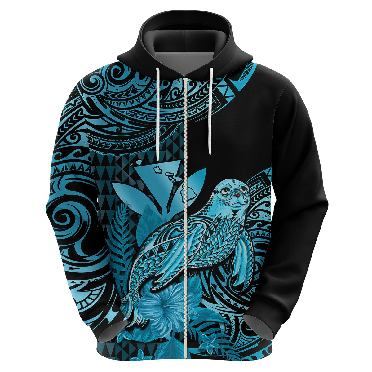 Custom Hawaii Monk Seal Hoodie Polynesian Kakau With Kanaka Turquoise - Wonder Print Shop