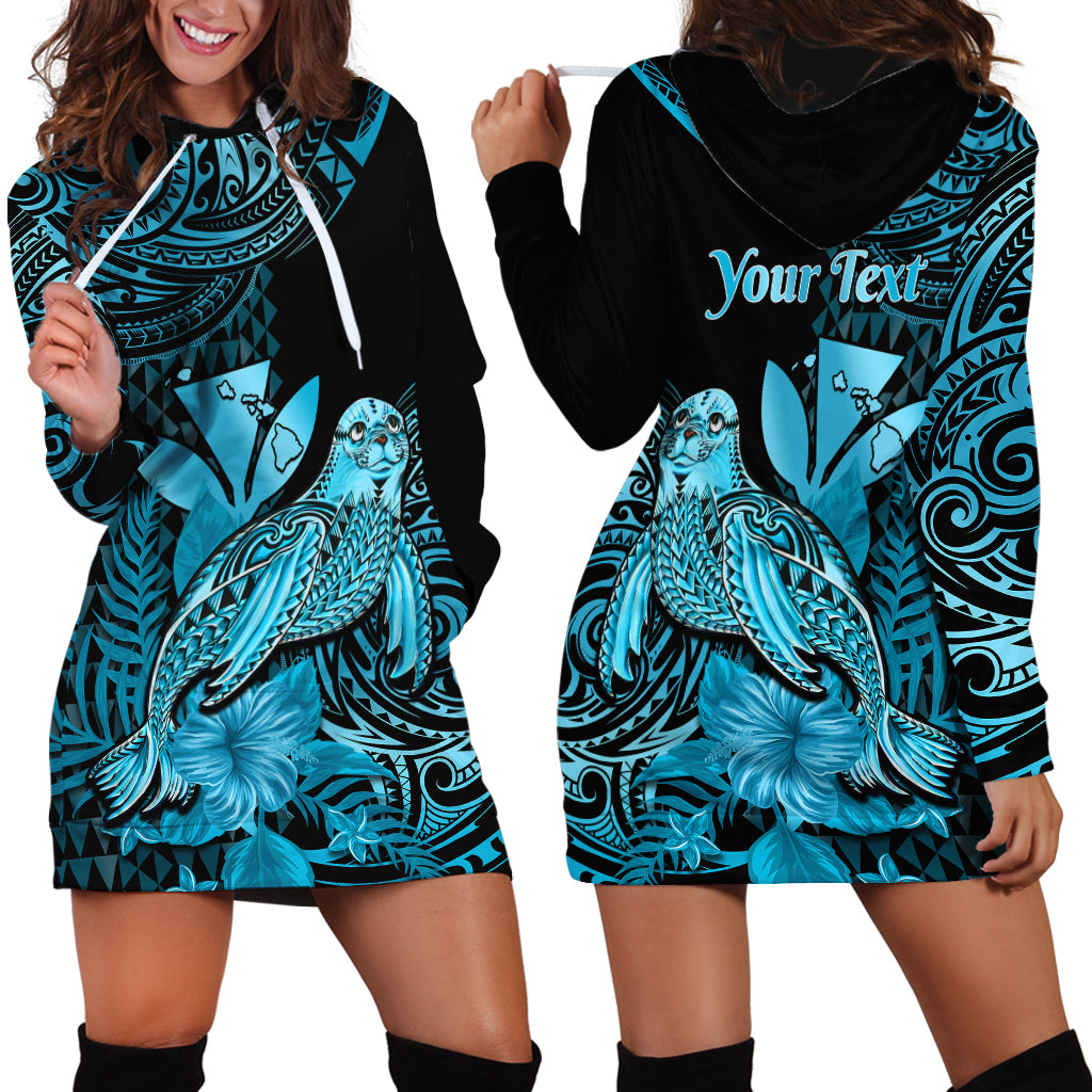 (Custom Personalised) Hawaii Monk Seal Hoodie Dress Polynesian Kakau With Kanaka Turquoise - Wonder Print Shop