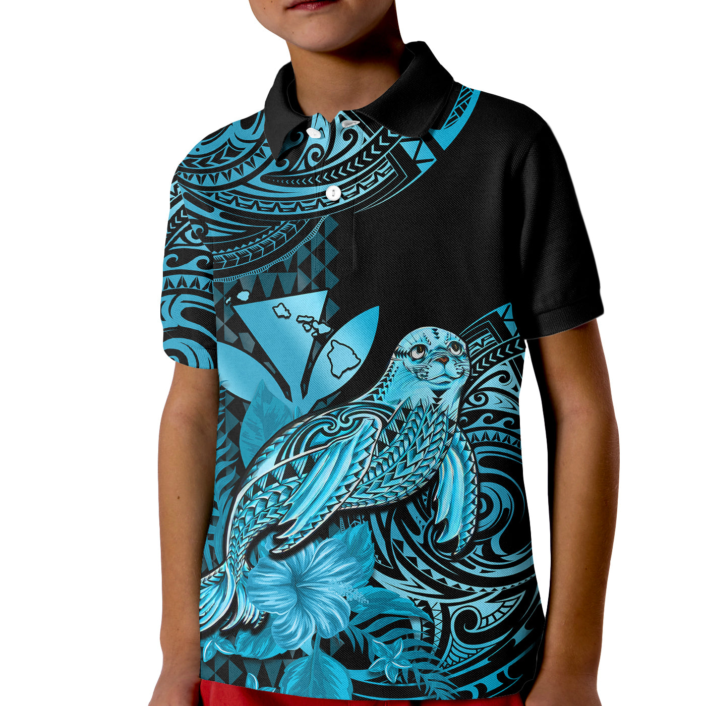 Custom Monk Seal Hawaii Polo Shirt for Kid Polynesian Kakau With Kanaka Turquoise - Wonder Print Shop