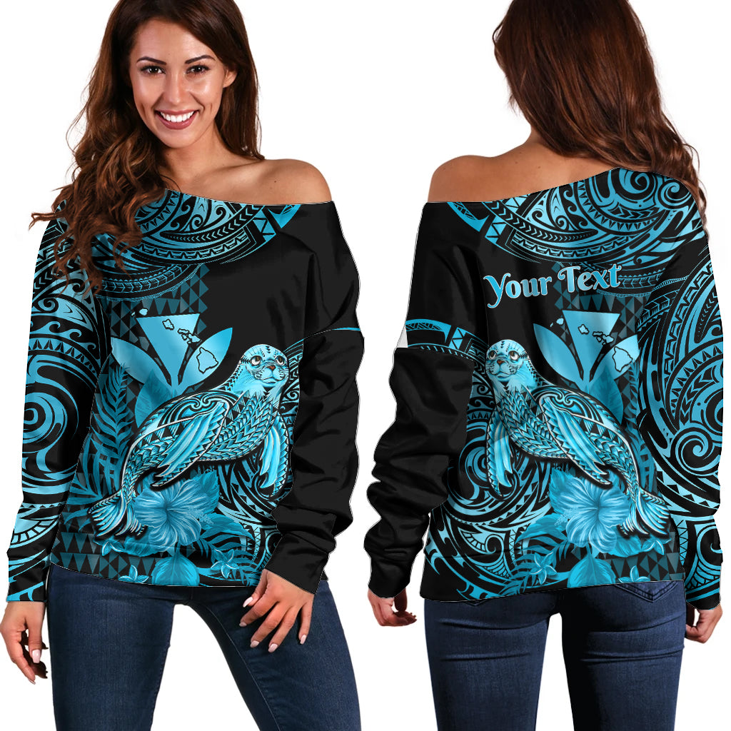 (Custom Personalised) Hawaii Monk Seal Off Shoulder Sweater Polynesian Kakau With Kanaka Turquoise - Wonder Print Shop