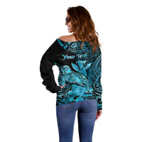 (Custom Personalised) Hawaii Monk Seal Off Shoulder Sweater Polynesian Kakau With Kanaka Turquoise - Wonder Print Shop