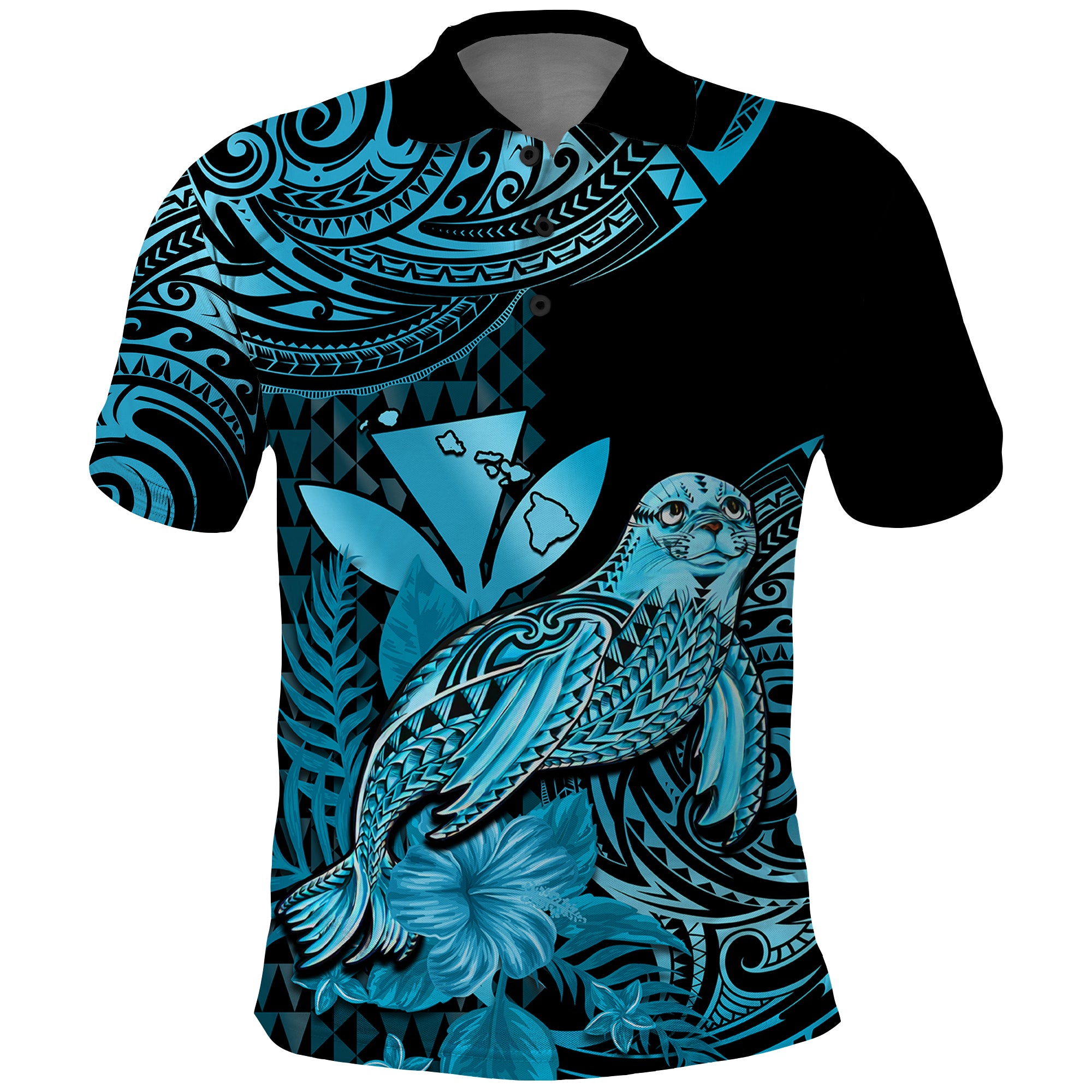 Custom Monk Seal Hawaii Polo Shirt Polynesian Kakau With Kanaka Turquoise - Wonder Print Shop