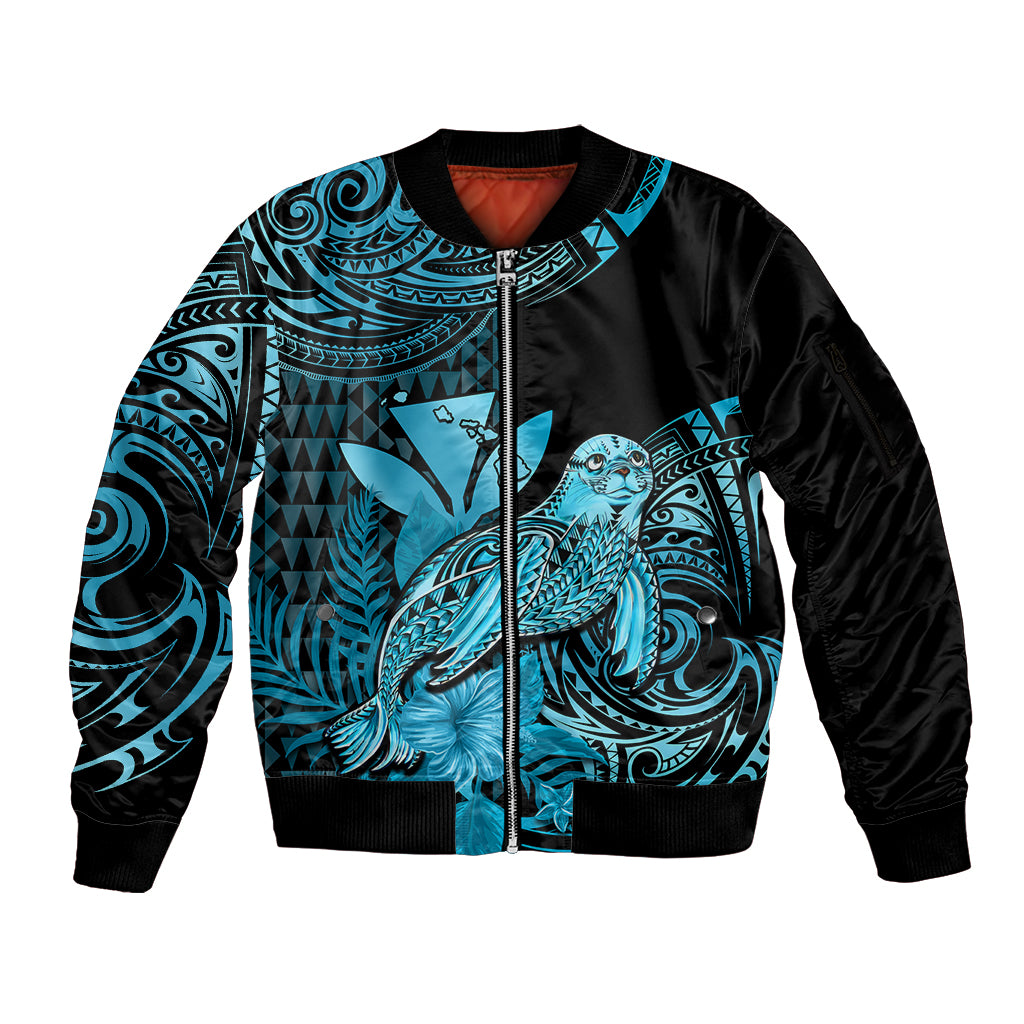 (Custom Personalised) Hawaii Monk Seal Sleeve Zip Bomber Jacket Polynesian Kakau With Kanaka Turquoise - Wonder Print Shop