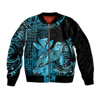 (Custom Personalised) Hawaii Monk Seal Sleeve Zip Bomber Jacket Polynesian Kakau With Kanaka Turquoise - Wonder Print Shop