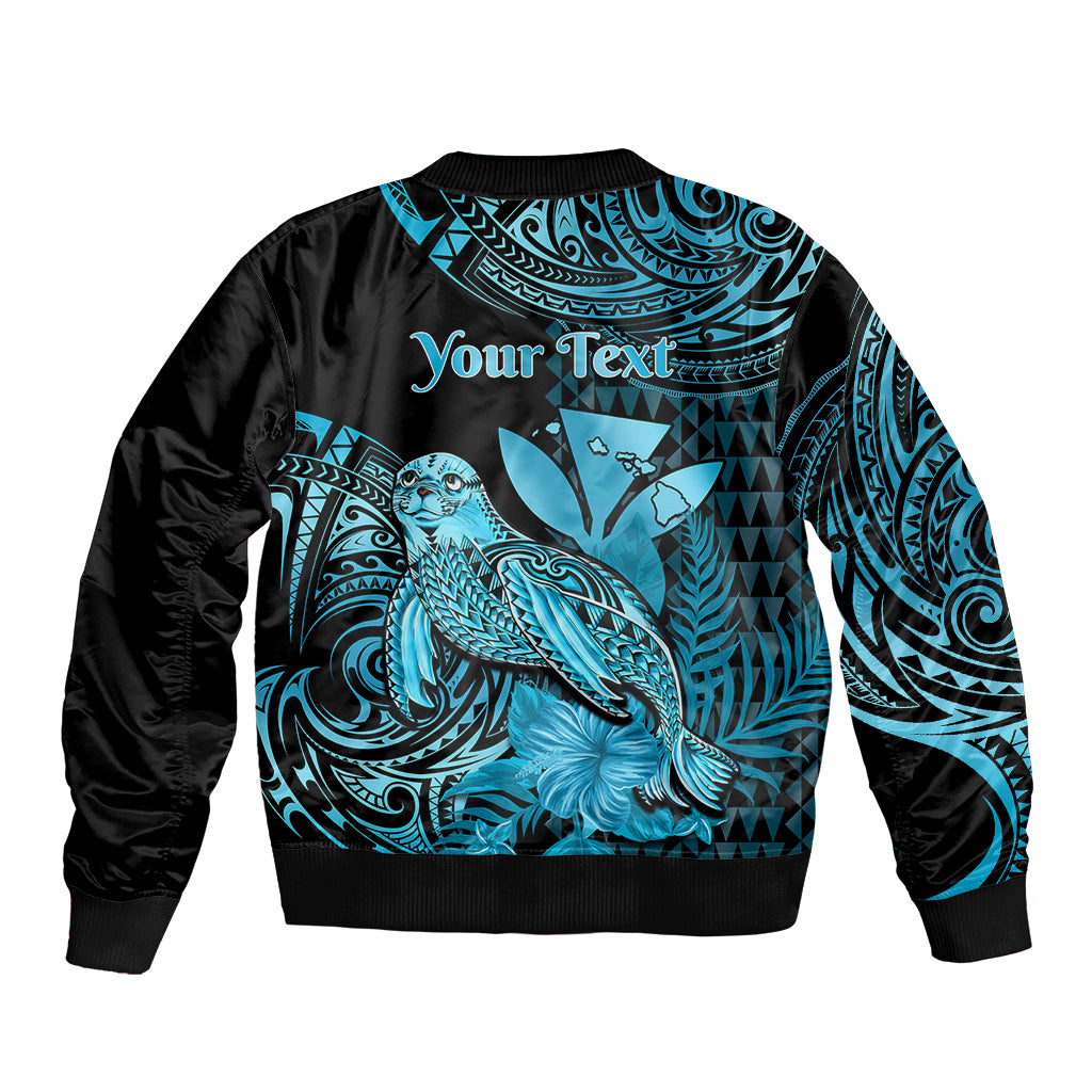 (Custom Personalised) Hawaii Monk Seal Sleeve Zip Bomber Jacket Polynesian Kakau With Kanaka Turquoise - Wonder Print Shop