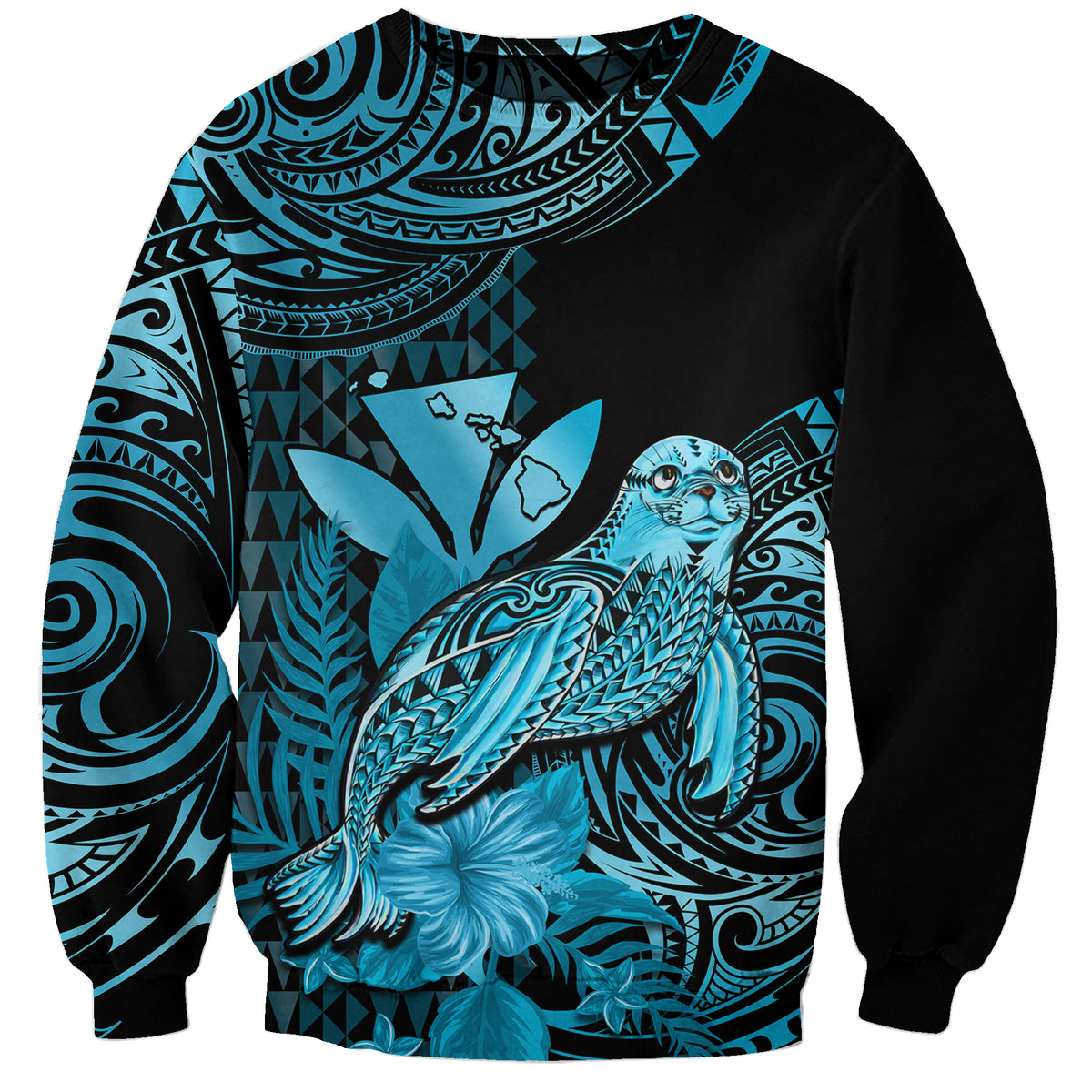 (Custom Personalised) Hawaii Monk Seal Sweatshirt Polynesian Kakau With Kanaka Turquoise - Wonder Print Shop