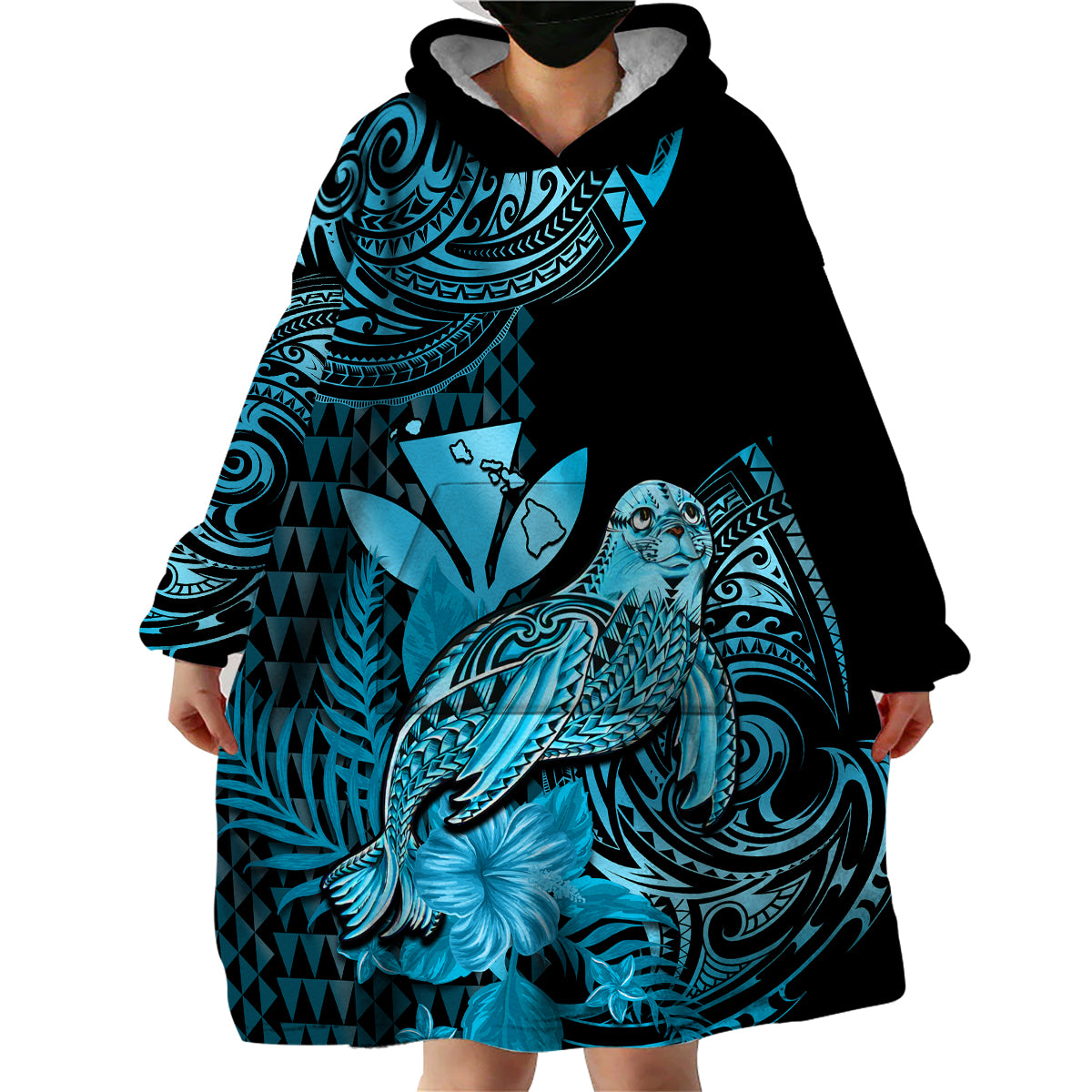 (Custom Personalised) Hawaii Monk Seal Wearable Blanket Hoodie Polynesian Kakau With Kanaka Turquoise - Wonder Print Shop
