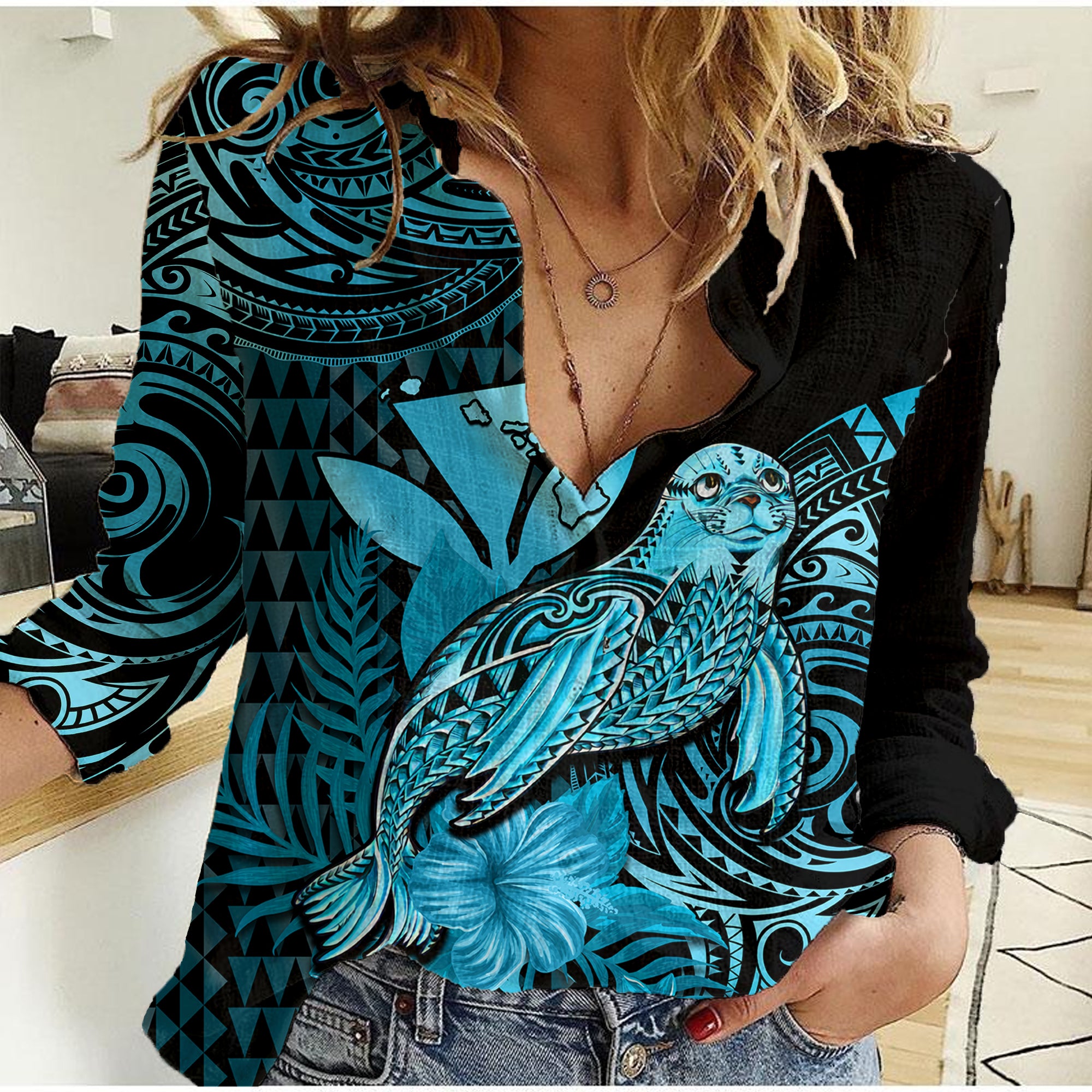 (Custom Personalised) Hawaii Monk Seal Women Casual Shirt Polynesian Kakau With Kanaka Turquoise - Wonder Print Shop