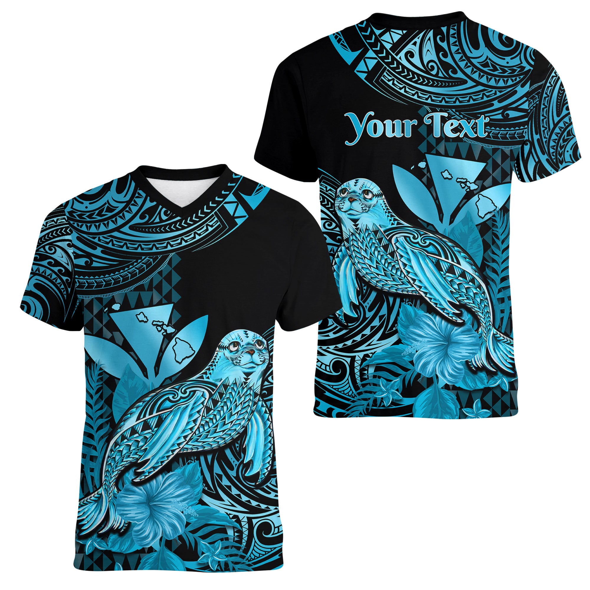 (Custom Personalised) Hawaii Monk Seal Women V Neck T Shirt Polynesian Kakau With Kanaka Turquoise - Wonder Print Shop