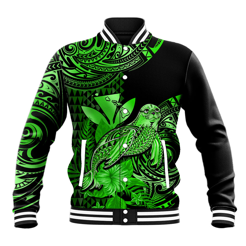(Custom Personalised) Hawaii Monk Seal Baseball Jacket Polynesian Kakau With Kanaka Green - Wonder Print Shop