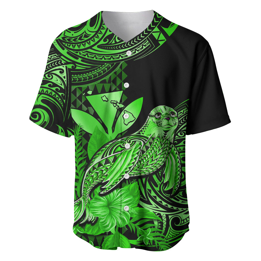 (Custom Personalised) Hawaii Monk Seal Baseball Jersey Polynesian Kakau With Kanaka Green - Wonder Print Shop
