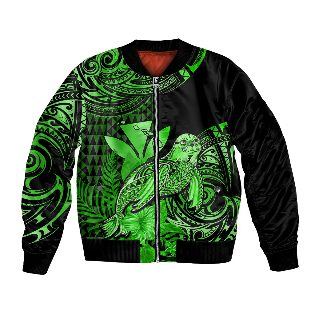 (Custom Personalised) Hawaii Monk Seal Bomber Jacket Polynesian Kakau With Kanaka Green - Wonder Print Shop