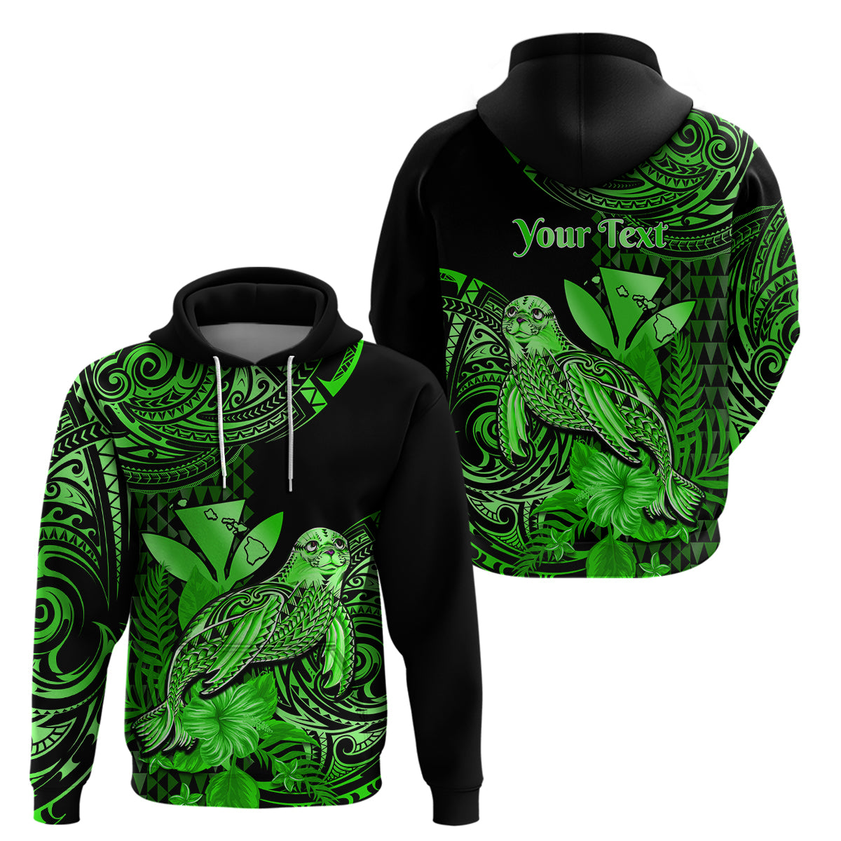 Custom Hawaii Monk Seal Hoodie Polynesian Kakau With Kanaka Green - Wonder Print Shop