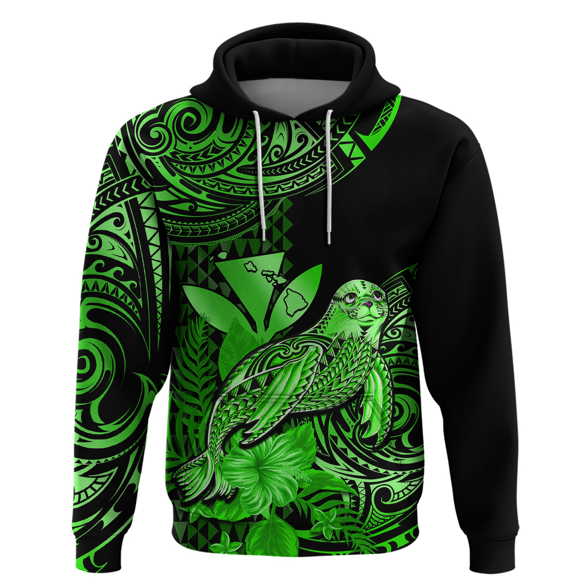 Custom Hawaii Monk Seal Hoodie Polynesian Kakau With Kanaka Green - Wonder Print Shop