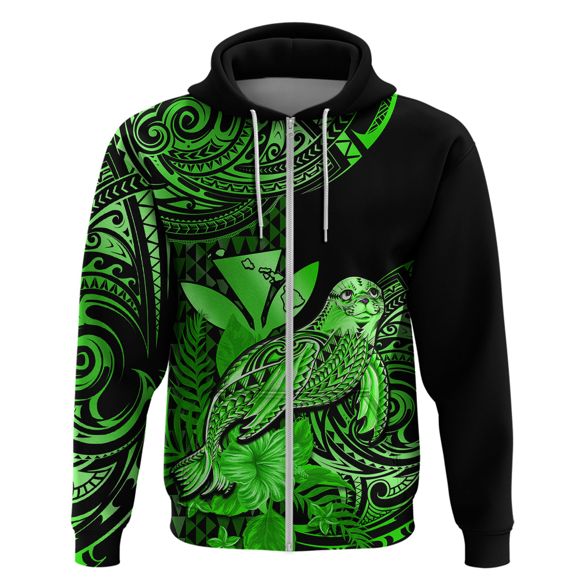 Custom Hawaii Monk Seal Hoodie Polynesian Kakau With Kanaka Green - Wonder Print Shop