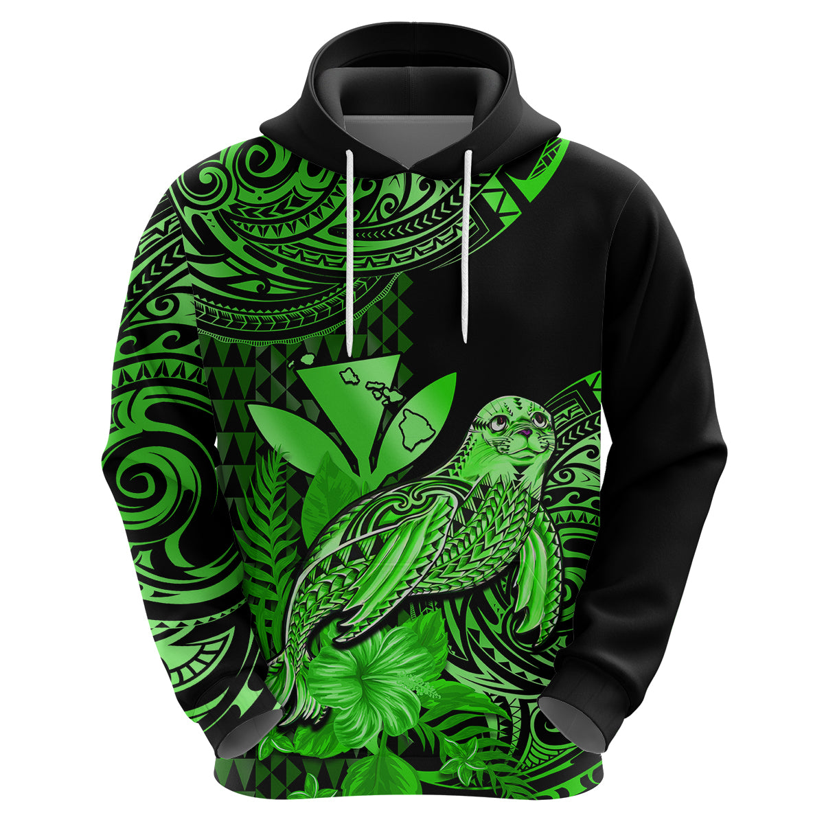 Custom Hawaii Monk Seal Hoodie Polynesian Kakau With Kanaka Green - Wonder Print Shop