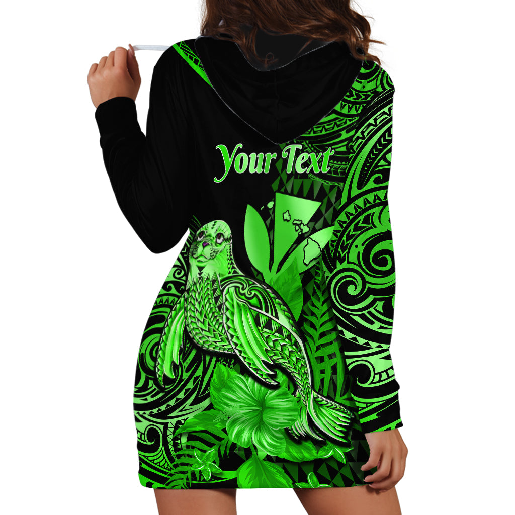 (Custom Personalised) Hawaii Monk Seal Hoodie Dress Polynesian Kakau With Kanaka Green - Wonder Print Shop
