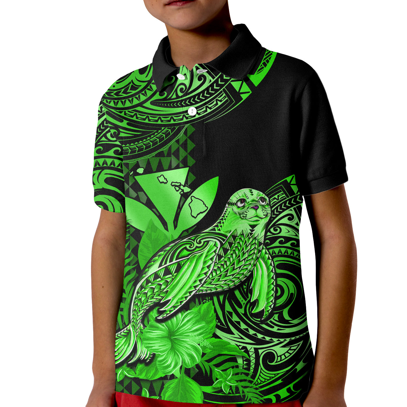 Custom Monk Seal Hawaii Polo Shirt for Kid Polynesian Kakau With Kanaka Green - Wonder Print Shop