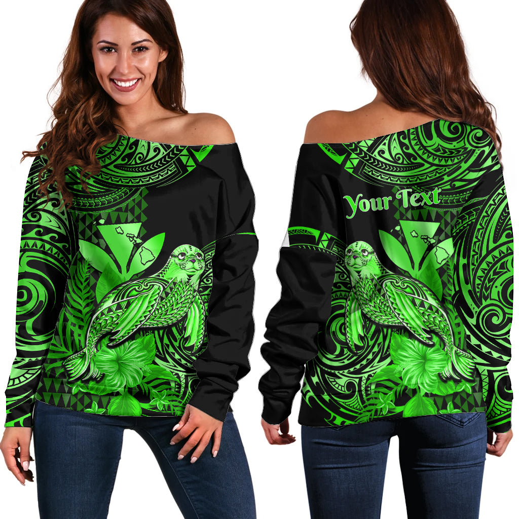 (Custom Personalised) Hawaii Monk Seal Off Shoulder Sweater Polynesian Kakau With Kanaka Green - Wonder Print Shop