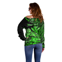 (Custom Personalised) Hawaii Monk Seal Off Shoulder Sweater Polynesian Kakau With Kanaka Green - Wonder Print Shop