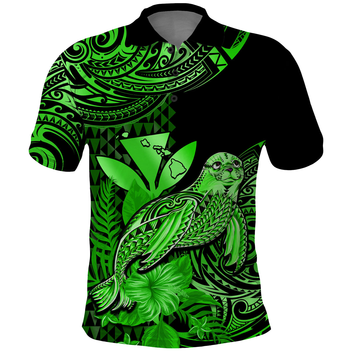 Custom Monk Seal Hawaii Polo Shirt Polynesian Kakau With Kanaka Green - Wonder Print Shop