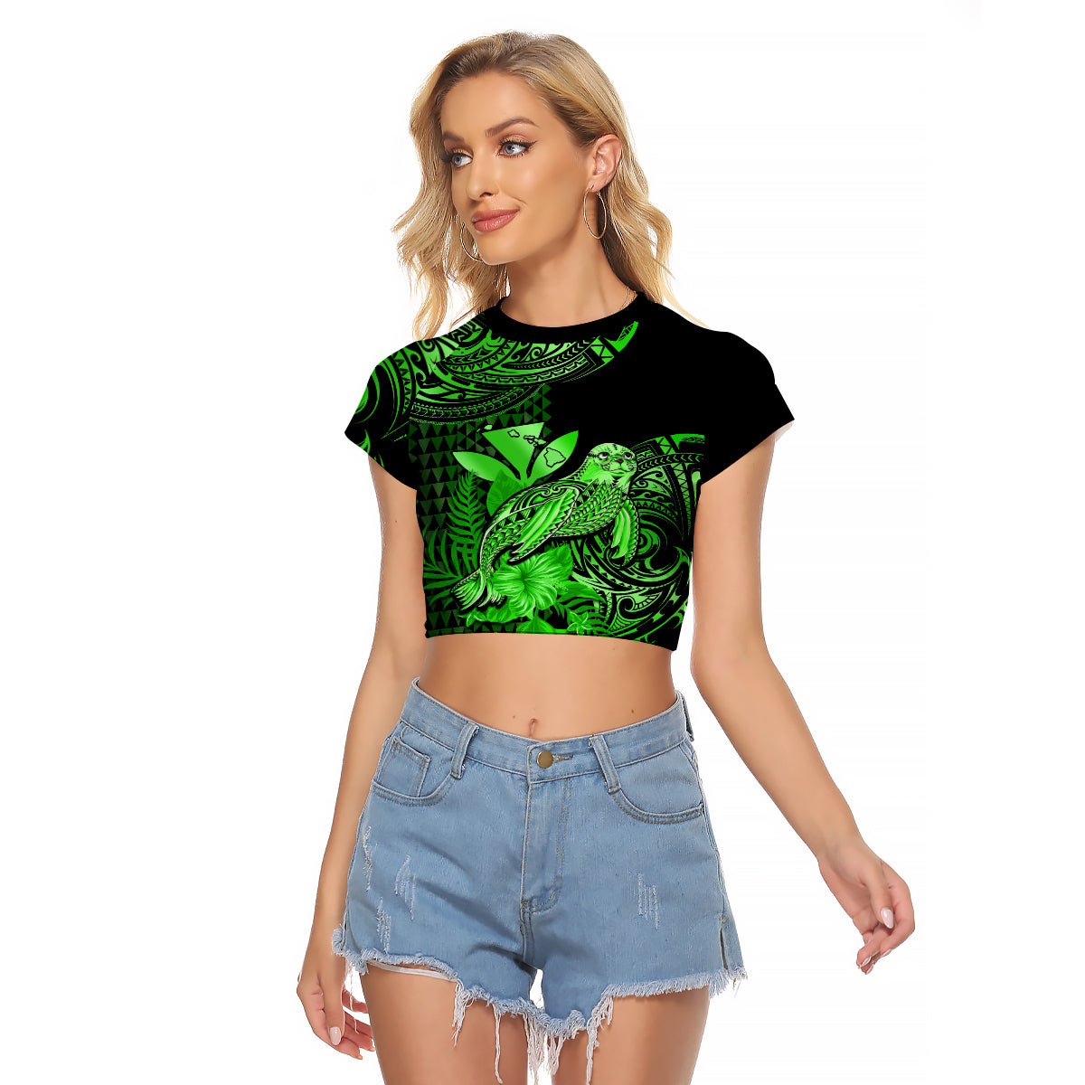 (Custom Personalised) Hawaii Monk Seal Raglan Cropped T Shirt Polynesian Kakau With Kanaka Green - Wonder Print Shop