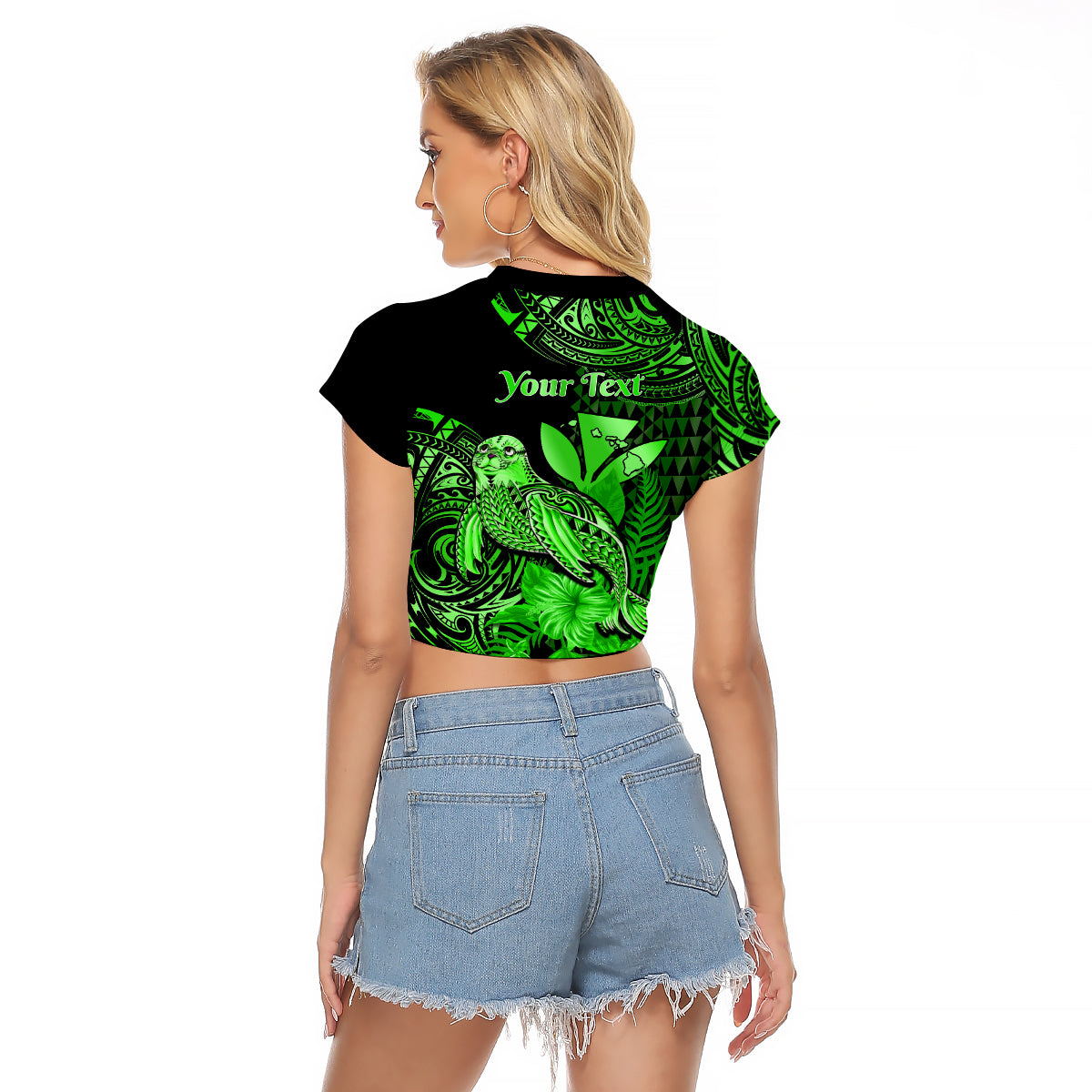 (Custom Personalised) Hawaii Monk Seal Raglan Cropped T Shirt Polynesian Kakau With Kanaka Green - Wonder Print Shop