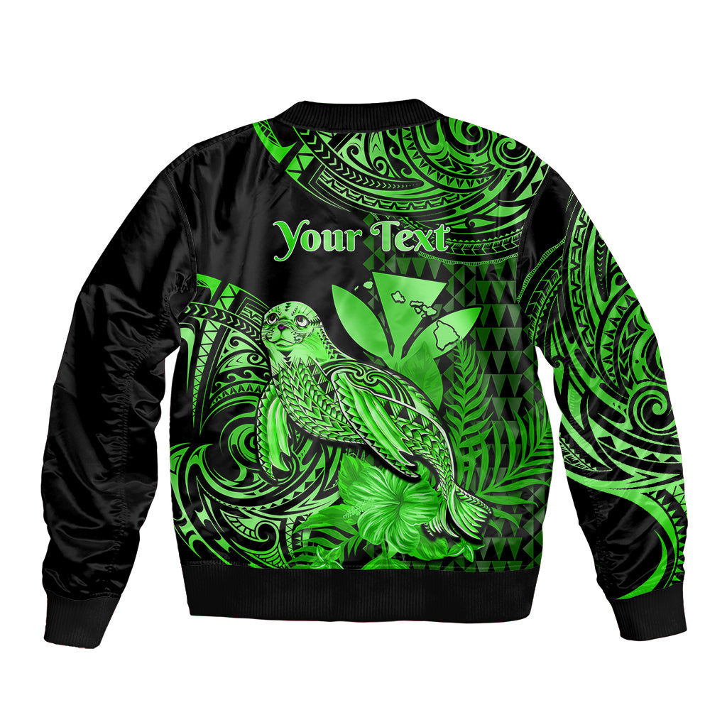 (Custom Personalised) Hawaii Monk Seal Sleeve Zip Bomber Jacket Polynesian Kakau With Kanaka Green - Wonder Print Shop