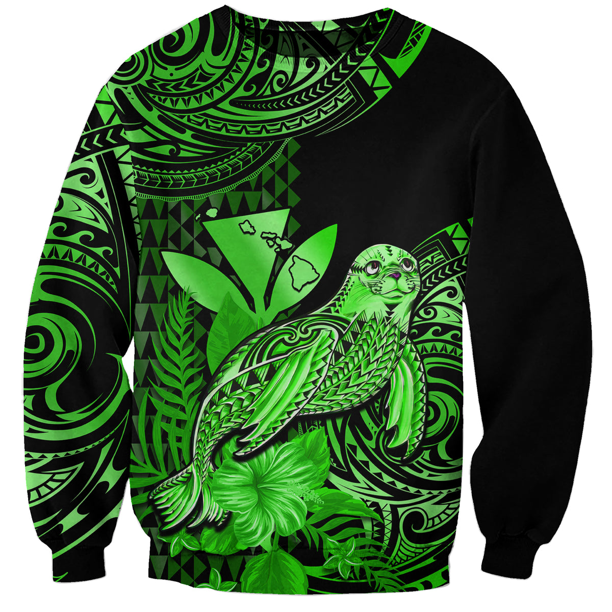 (Custom Personalised) Hawaii Monk Seal Sweatshirt Polynesian Kakau With Kanaka Green - Wonder Print Shop