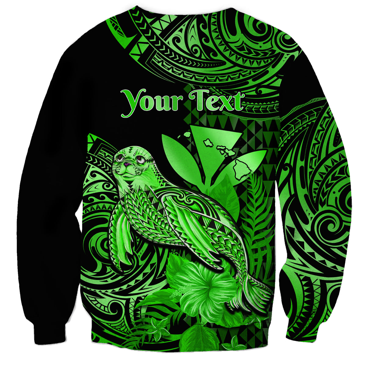 (Custom Personalised) Hawaii Monk Seal Sweatshirt Polynesian Kakau With Kanaka Green - Wonder Print Shop