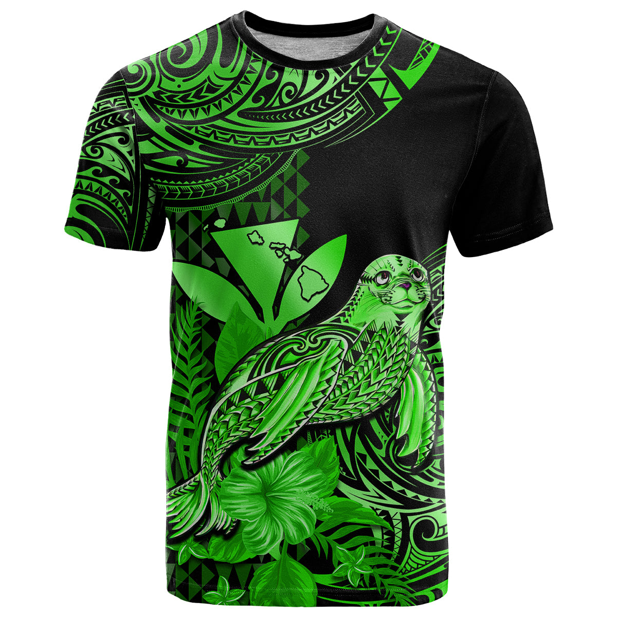 Custom Hawaii Monk Seal T Shirt Polynesian Kakau With Kanaka Green - Wonder Print Shop