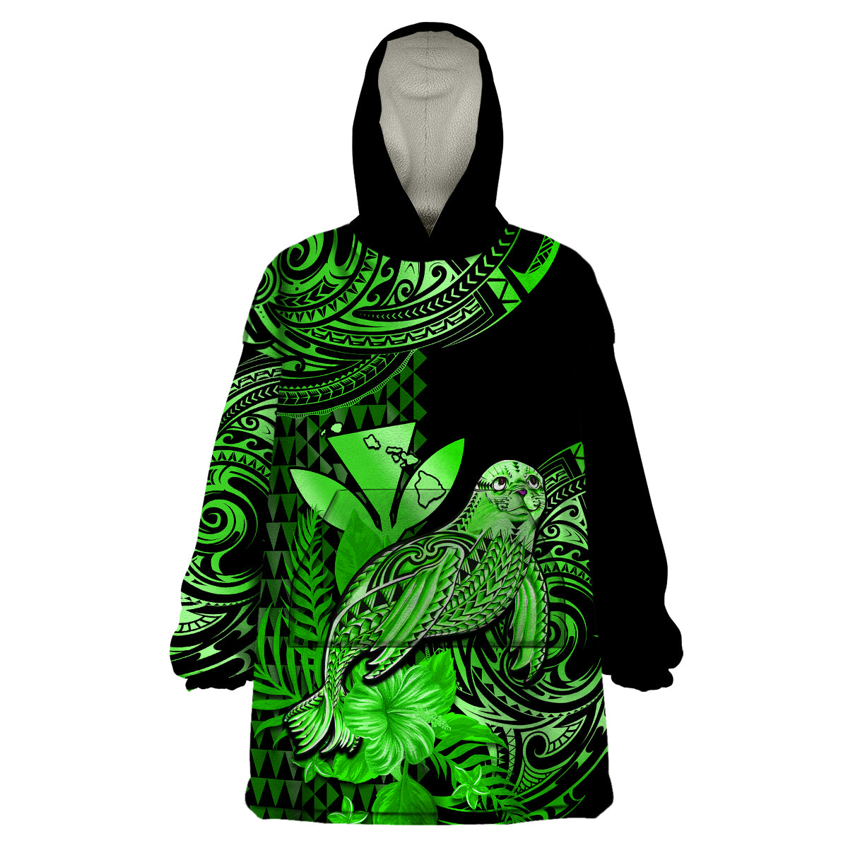 (Custom Personalised) Hawaii Monk Seal Wearable Blanket Hoodie Polynesian Kakau With Kanaka Green - Wonder Print Shop