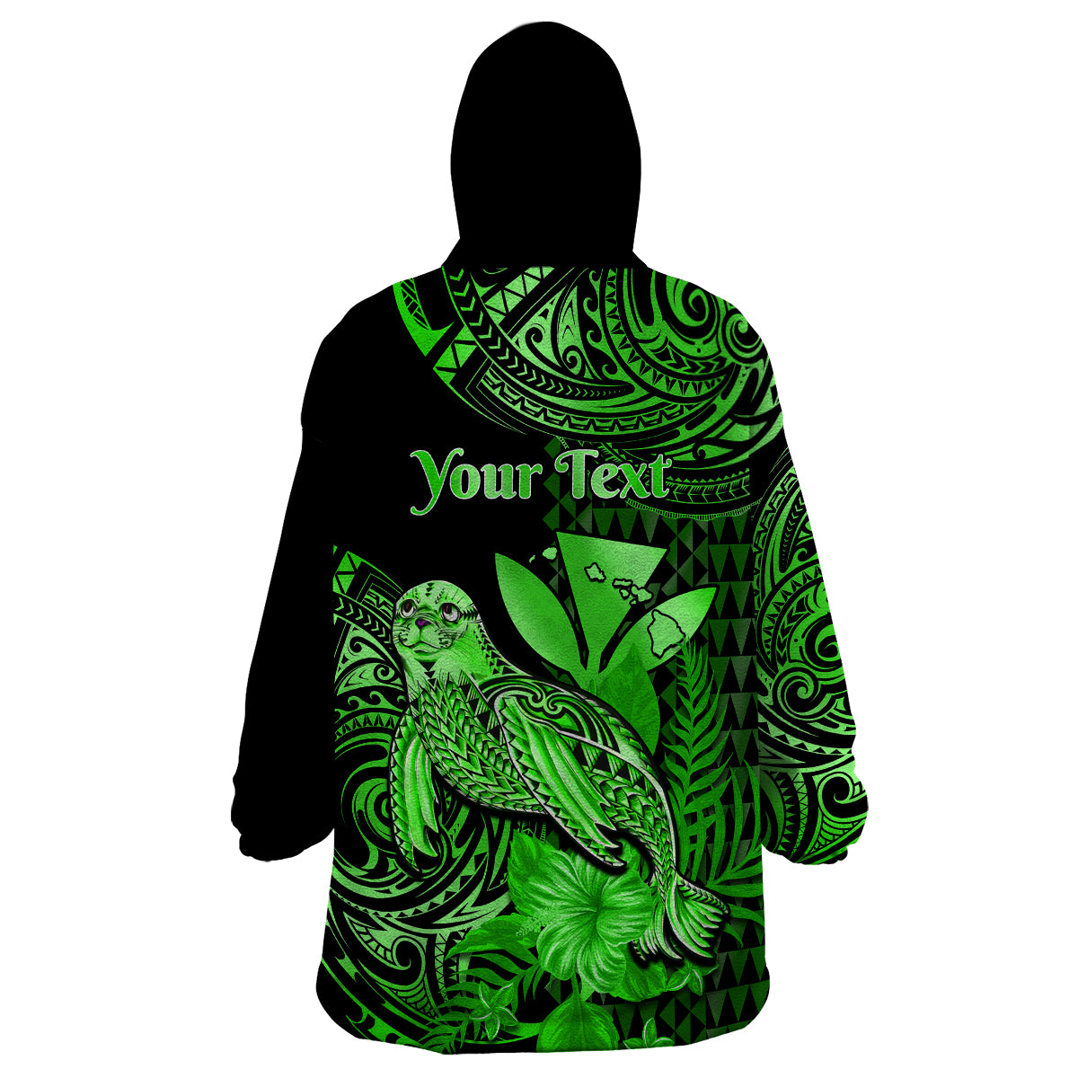 (Custom Personalised) Hawaii Monk Seal Wearable Blanket Hoodie Polynesian Kakau With Kanaka Green - Wonder Print Shop